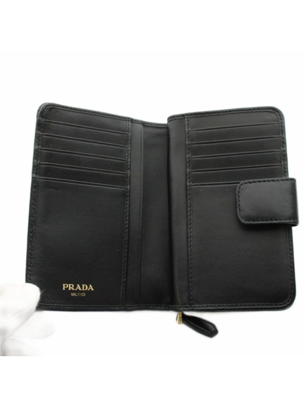 Prada Bifold Wallet Compact Leather Ribbon Motif Black YM - Picture 6 of 9